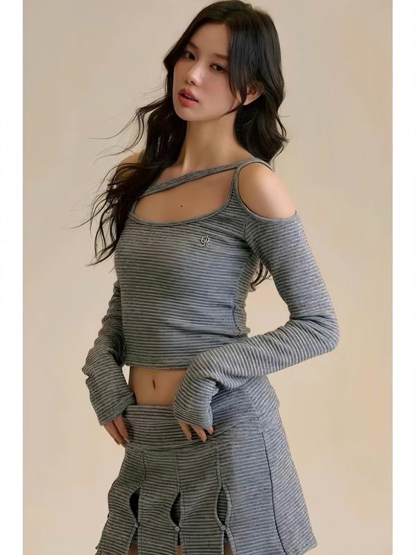 (TS320) Áo dài tay dây kiểu đan chéo khuyết vai MAIDO TRENDY