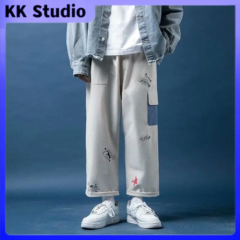 Cargo Pants Men Fat Japanese Graffiti Straight Big Size Loose Fashion Autumn Winter Casual Wide-Leg Straight Korean Version Of The Trend Nine Points Fashion Brand Pants