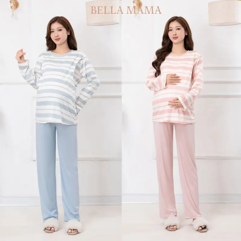 Bộ Bầu Mặc Nhà Cotton Đồ Bầu Sau Sinh Mở 2 Bên Cho Con Bú Và Quần Chun Chỉnh Bụng, Dài Tay Bella Mama - BN11 2