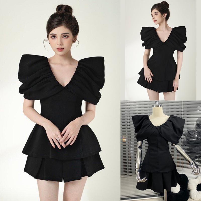 Sét bộ áo peplum tay phồng cổ V kèm chân váy xếp ly Sét bộ thiết kế tiểu thư Bigsize Kim Ngân từ 50kg đến 100kg M/L/XL/XXL