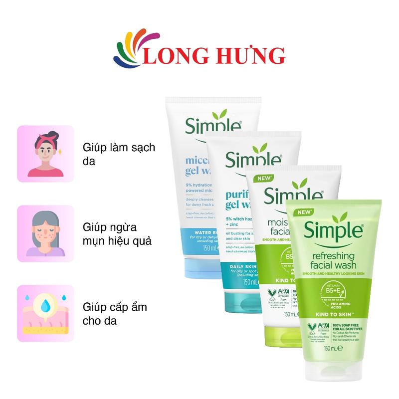  Sữa rửa mặt Simple giúp làm sạch da  150ml  - Dành cho da thường da dầu mụn da nhạy cảm mọi loại da 