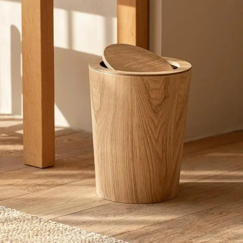 Household Wooden Trash Can with Lid Kitchen Bathroom Living Room Bedroom Simple Lidless Wood Grain Storage Box Round Press Type