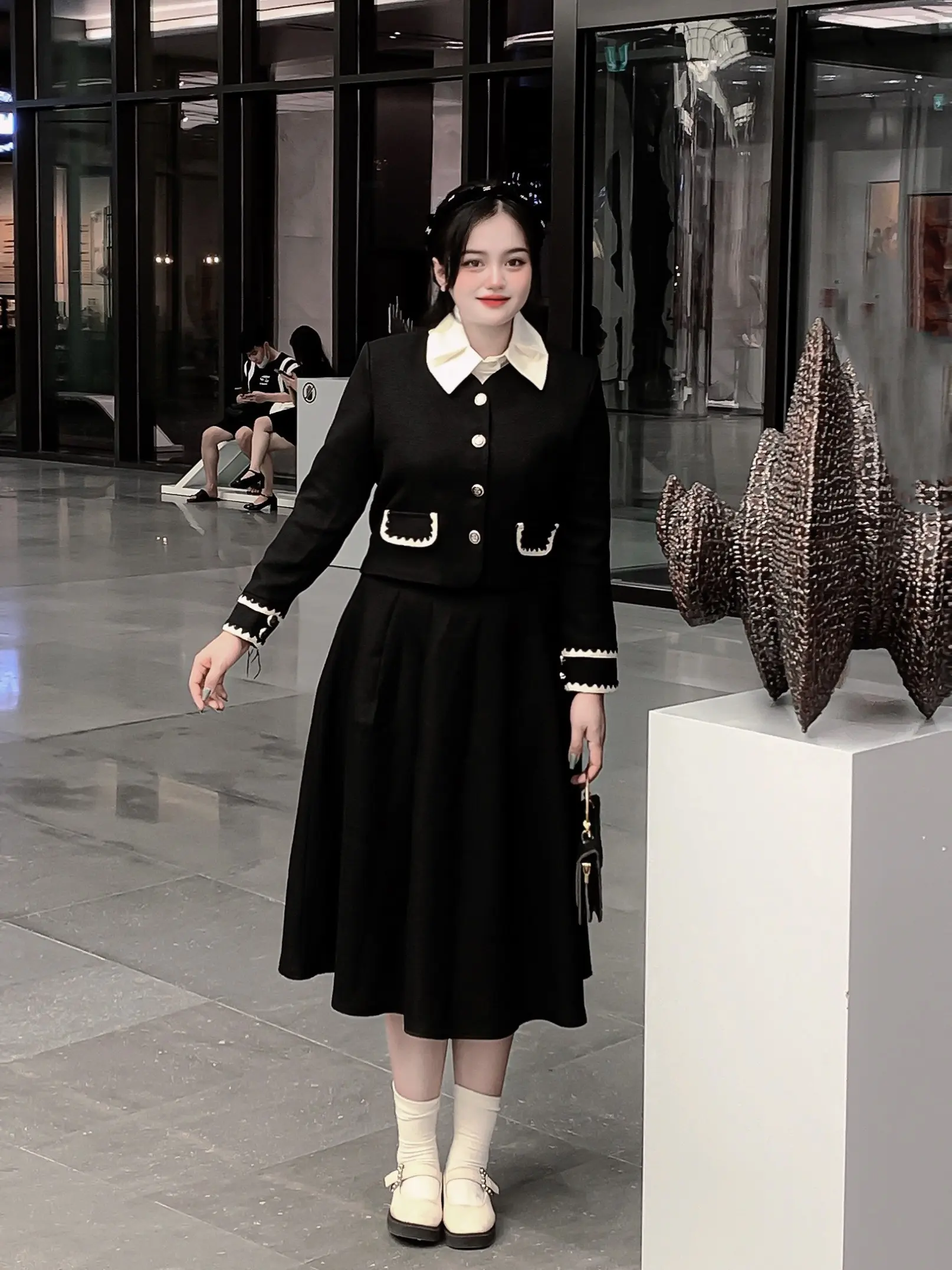 S91 Set áo dạ phối viền ren + chân váy dài Top Nữ
