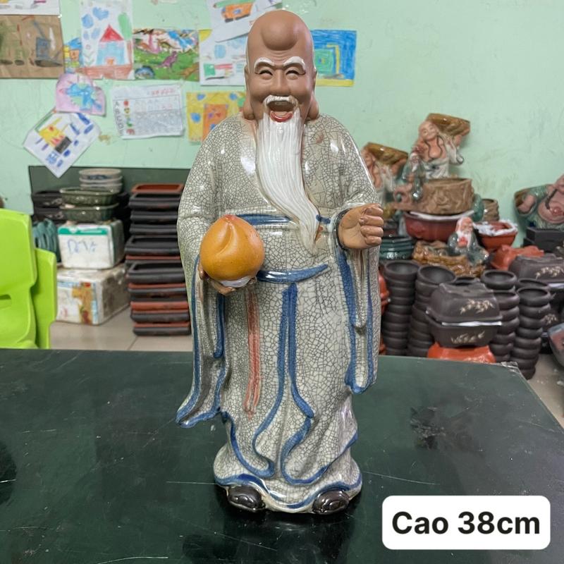 {cao 38cm} Tượng ông thọ cầm đào trang trí tiểu cảnh gốm Bát Tràng Decor Phòng Trang Trí Nhà