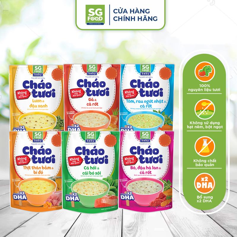 Lốc 61 - Combo 6 Gói Cháo Tươi SG FOOD Baby 6 Vị (Gà, Thịt Bằm, Bò, Tôm, Lươn, Cá Hồi), gói 240G