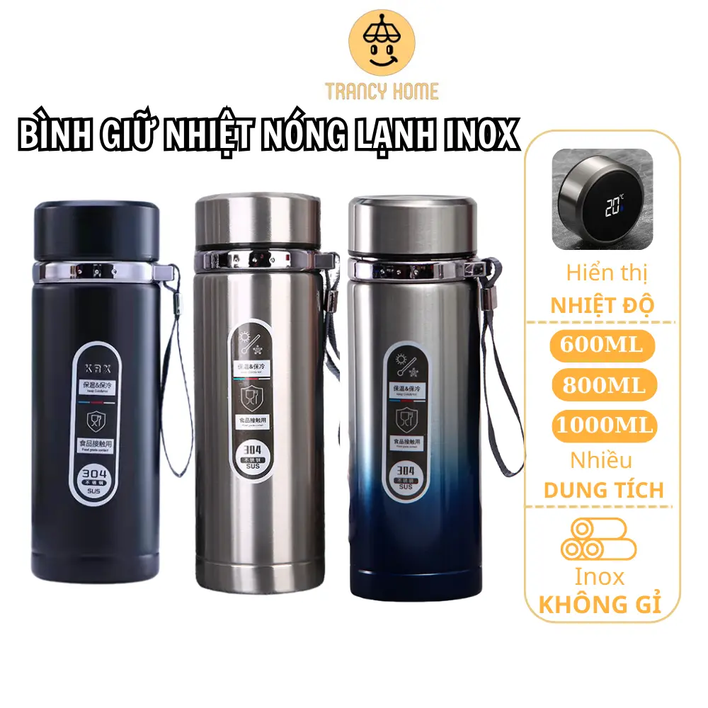Bình giữ nhiệt 500ml- 1000ml  hiện nhiệt độ, chất liệu inox 304 không gỉ, có quai cầm