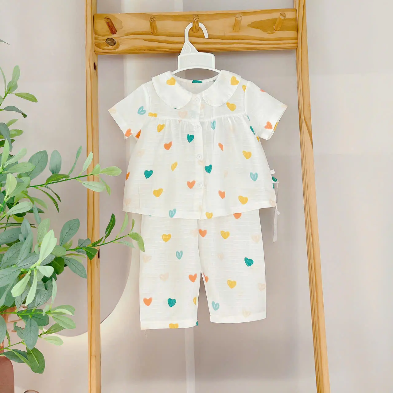 Pijama cho bé gái tay ngắn quần dài xô cotton Áo Lá Homewear A220, bộ dài tay bé gái babydoll mặc ngủ vải xô đũi