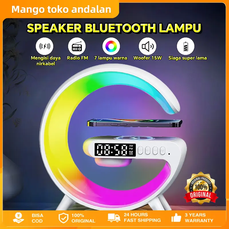 Pembesar Suara Bluetooth, JAPOO, dengan Lampu Ambien LED, Pembesar Suara Mini, menyokong pengecasan tanpa wayar, pelbagai fungsi, Subwufer, Penguat Stereo 3D, Sesuai untuk Pesta, Pembesar Suara Mudah Alih Tanpa Wayar, dengan Ciri Jam Penggera Dibawa Audio