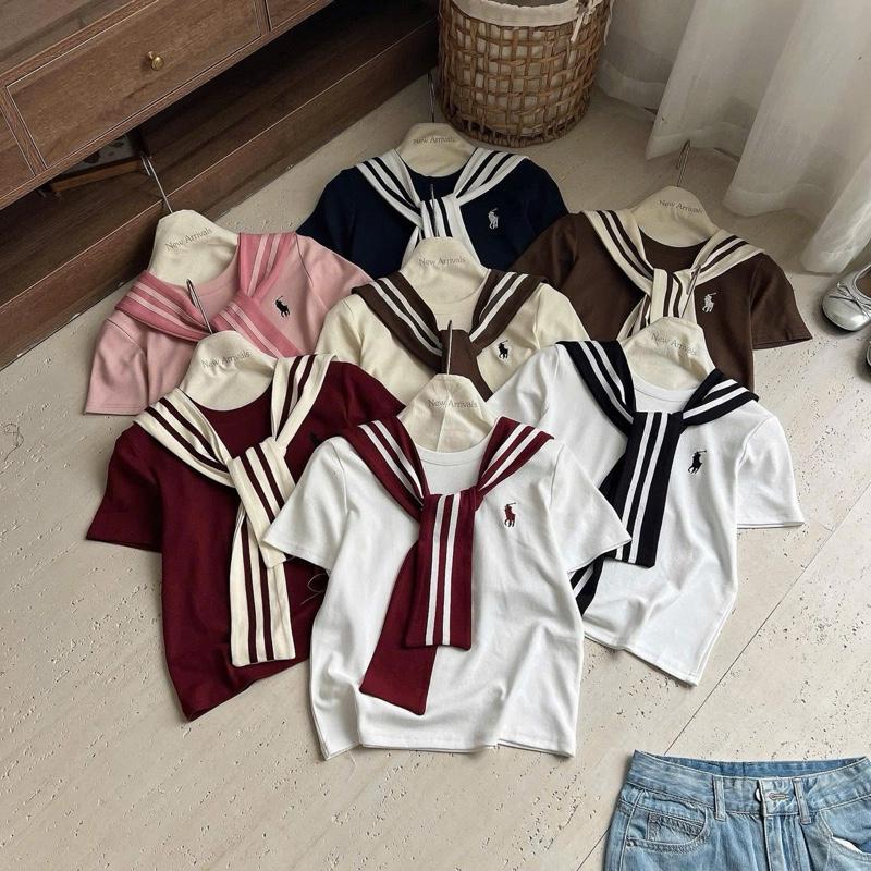 Set 2 món Áo phông Thêu Ngựa + kèm khăn rời hàng QC chất cotton mềm