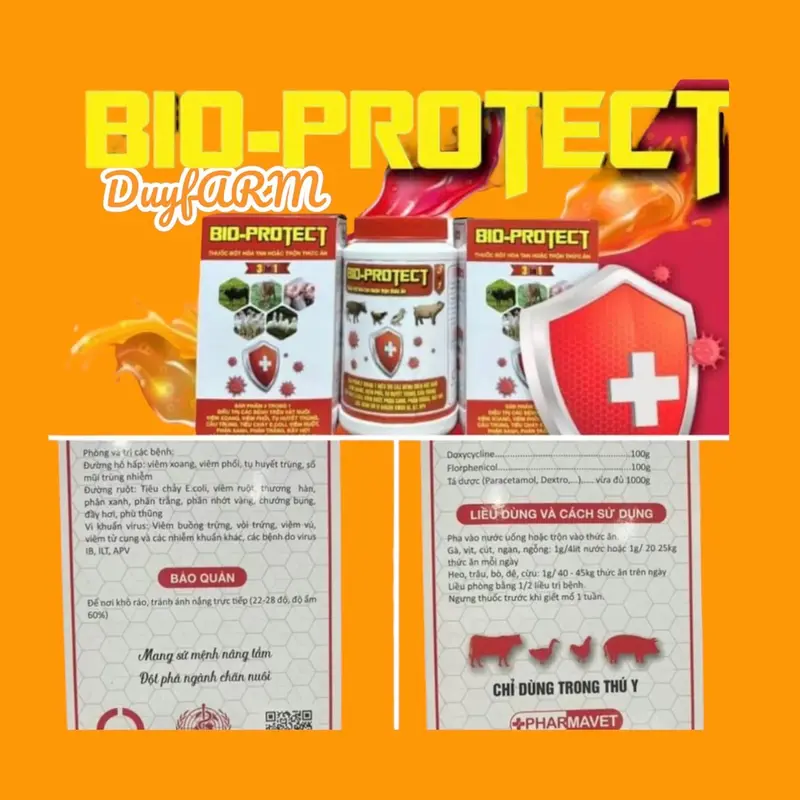 BIO-PROTECT THUỐC PHÒNG VÀ ĐIỀU TRỊ BỆNH CHO VẬT NUÔI gói (100g) viêm phổi và thương hàn, tụ huyết trùng, crd, tiêu chảy, viểm ruột, e coli, sỗ mũi nhiễm trùng, phân xanh trắng, chướng bụng, đầy hơi 3