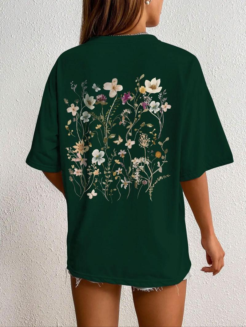 Product Introduction of Women's Floral Print Drop Shoulder Crew Neck Tee, Street Fashion Casual Half Sleeve Round Neck T-shirt for Summer, Streetwear Tshirt, Ladies Summer Clothes, Graphic Tees, Clothing, Tops 12