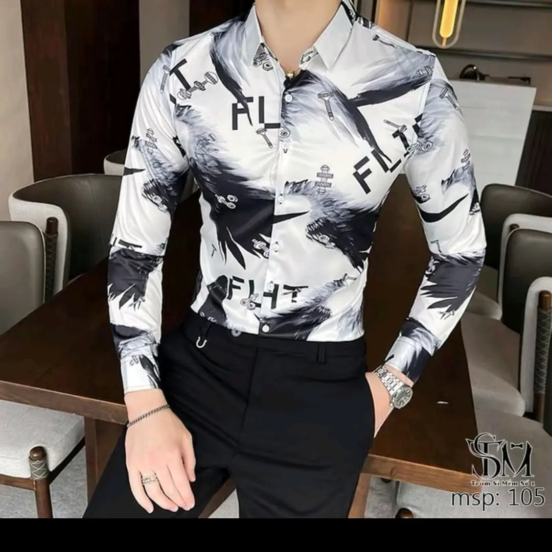 áo sơ mi nam dài tay chất liệu chéo 3d họa tiết chim trắng-đen Menswear Kate