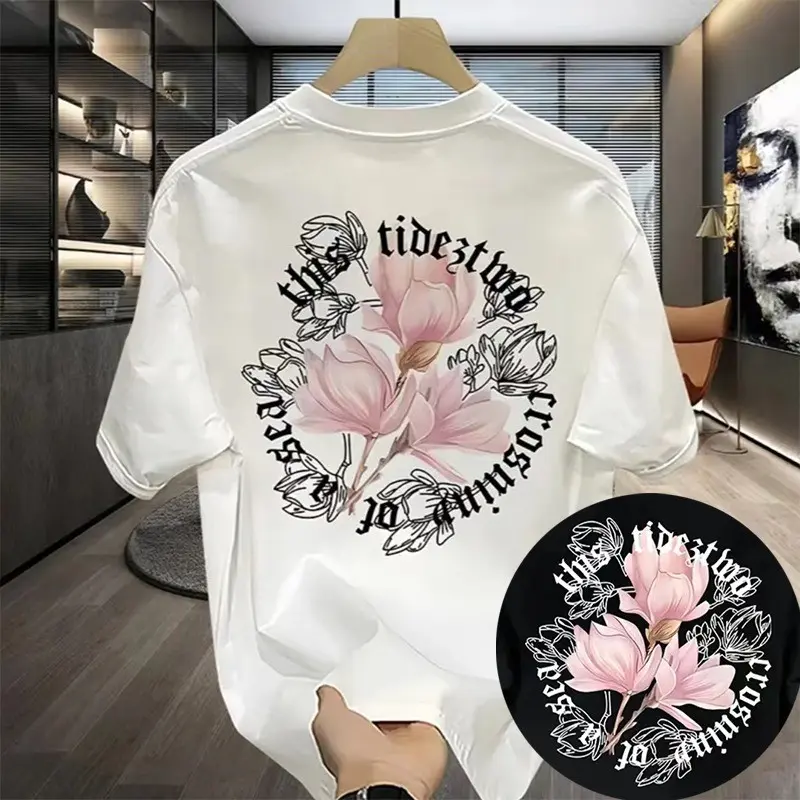Quality Cotton 2024 New Men's Stylish Flower Printed Short Sleeve Plus Size Tops Loose Street Fashion Round Neck Letter Printed Thin T Shirt for Men S-5XL Black/White Clothing Menswear Lingerie Tshirt