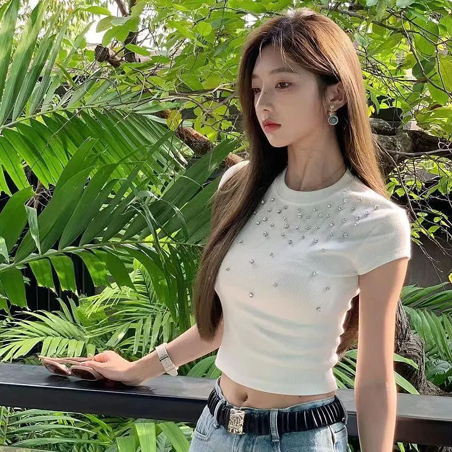 Áo Sơ Mi ngắn Tay Cotton, Vừa Vặn, Dành Cho Phụ Nữ, Trang Phục Mùa Hè, Áo Thiết Kế Kim Cương cá tính Knot T-shirts