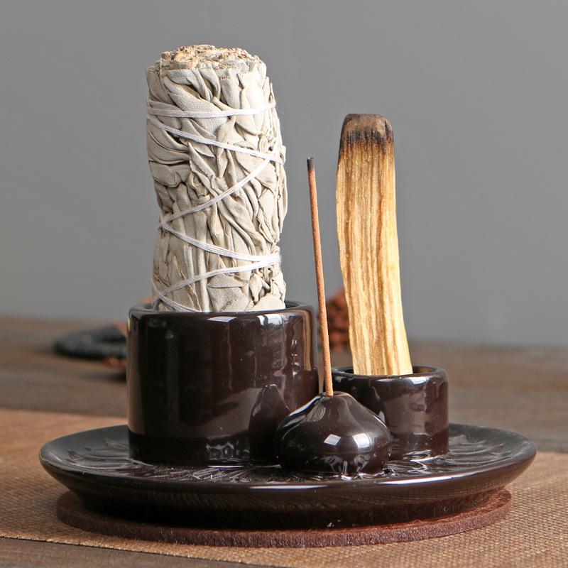 Product Introduction of Atmosphere Creator Export Nordic Style Ceramic Aromatherapy Candle Holder Black Sacred Wood Burning Plate Ceramic Base Wax Holder 9