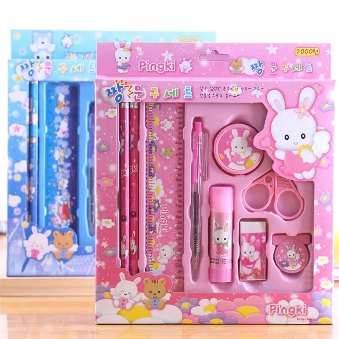 GoLiving Paket Alat Tulis set Pensil 10in1 Stationery Set Study Set Anak Karakter Set Alat Tulis Anak TK biru pensil pena  penghapus  pink