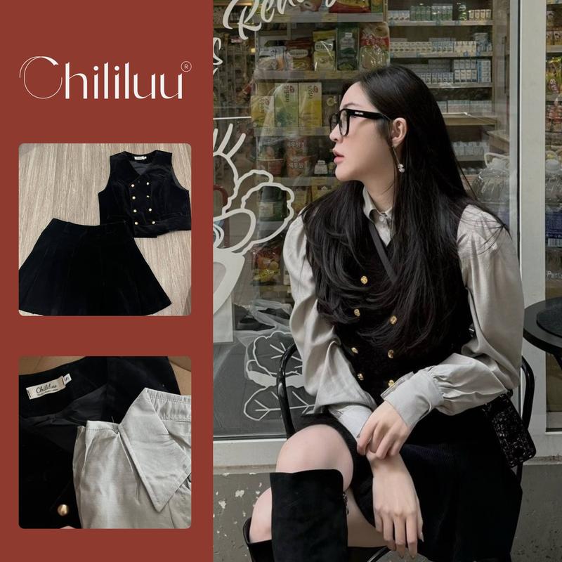 Set áo gile lửng 3 chi tiết Chililuu áo gile nhung và áo sơ mi tơ xám kèm chân váy xếp ly cực xinh Nữ  Women váy gile  nữ