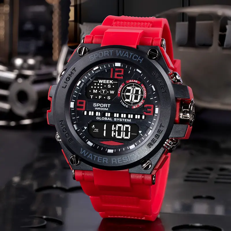 Jam Tangan Lelaki, POSHI Asli, Pelbagai Fungsi, Sukan Digital, Elektronik LED Watches , Paparan Dwi, Jam Penggera, Kalis Air jam getah