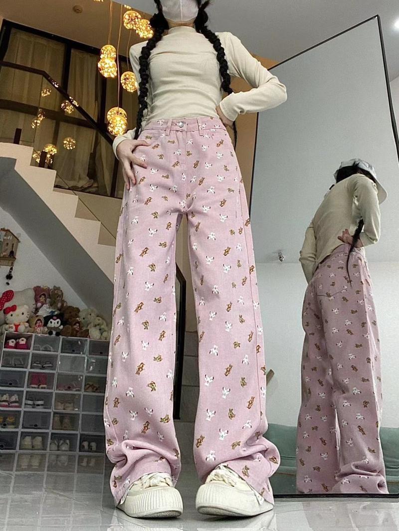 Product Introduction of Quần Jean Ống Đứng, Thiết Kế Màu Hồng, In Hình Gấu, Dành Cho Nữ, Trang Phục Mùa Thu, Cạp Cao Nhỏ Dáng Rộng Rãi Và Bó Sát, Quần Ống Rộng, Thời Trang Women Ong Pants Lưng Cao 12