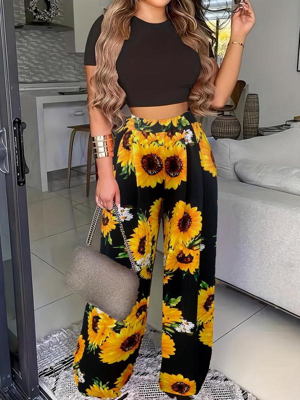 Women's Solid Short Sleeve Crop Tee & Floral Print Wide Leg Pants Set, Lady Comfort Mock Neck T-shirt & Baggy Trousers, Ladies Summer Clothes, Two Piece Set, Back To School Outfits, Co-ords Set, Two Piece Set Women 1