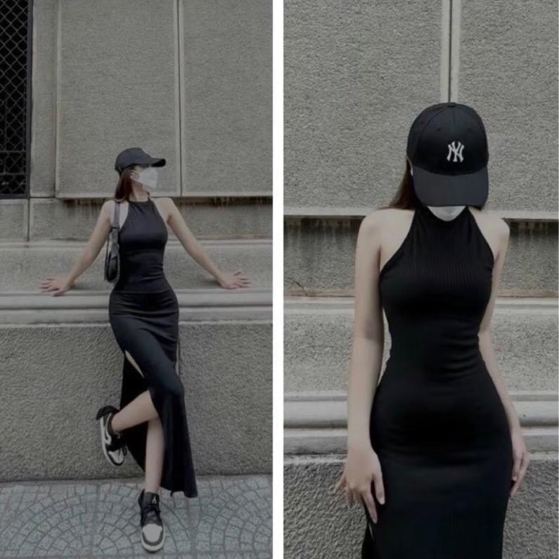 Đầm Body cổ yếm xẻ tà/ Có mút ngực Nữ Women Voi Dress Kem Đen