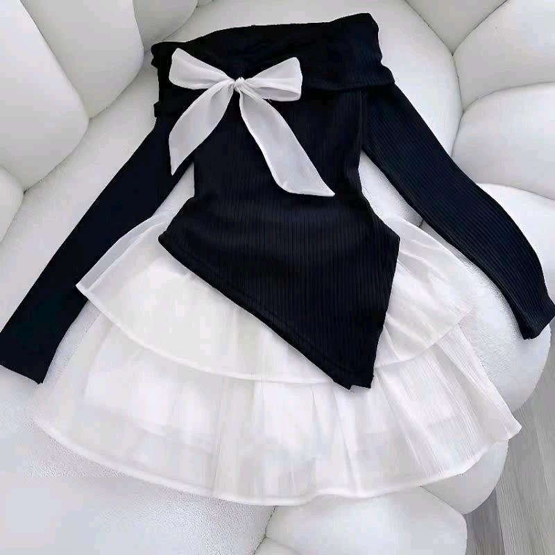 Áo thun trễ vai tay dài đính nơ sang chảnh 010