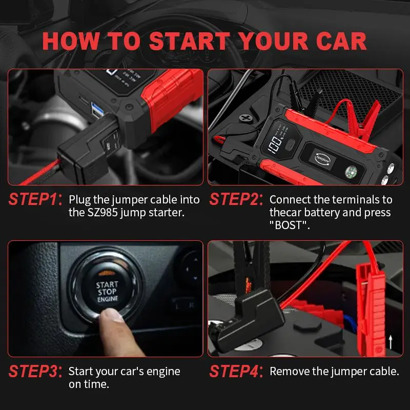 12V High-current Portable Jump Starter Kit, Car Battery Jump Power Pack, USB Fast Charging, Built-in LED Light, Compass Included, Battery Storage Box 3