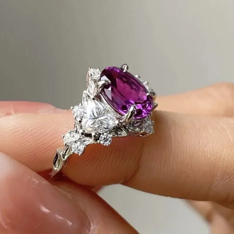 1PC Delicate Silver Color Metal Oval Purple Stone Ring Fashion Party Engagement Wedding Rings for Women Jewelry
