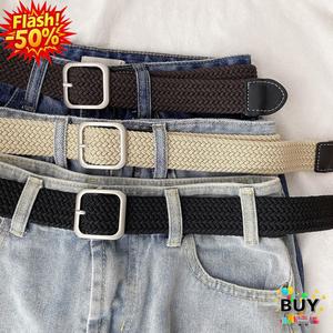 เข็มขัดผ้าใบยืด unisex สำหรับผู้หญิงและผู้ชาย หัวเข็มขัดสี่เหลี่ยม เข็มขัดยางยืด เหมาะสำหรับกางเกงยีนส์และกางเกง มีสีดำ สีกากี และสีเทาอินเทรนด์