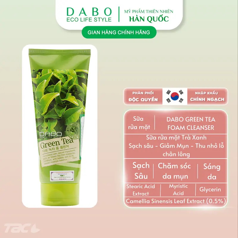 DABO Sữa rửa mặt tinh chất Trà xanh hỗ trợ giảm mụn, dành cho da dầu mụn - DABO Green Tea Foam Cleanser 180ml Skincare Nữ 1