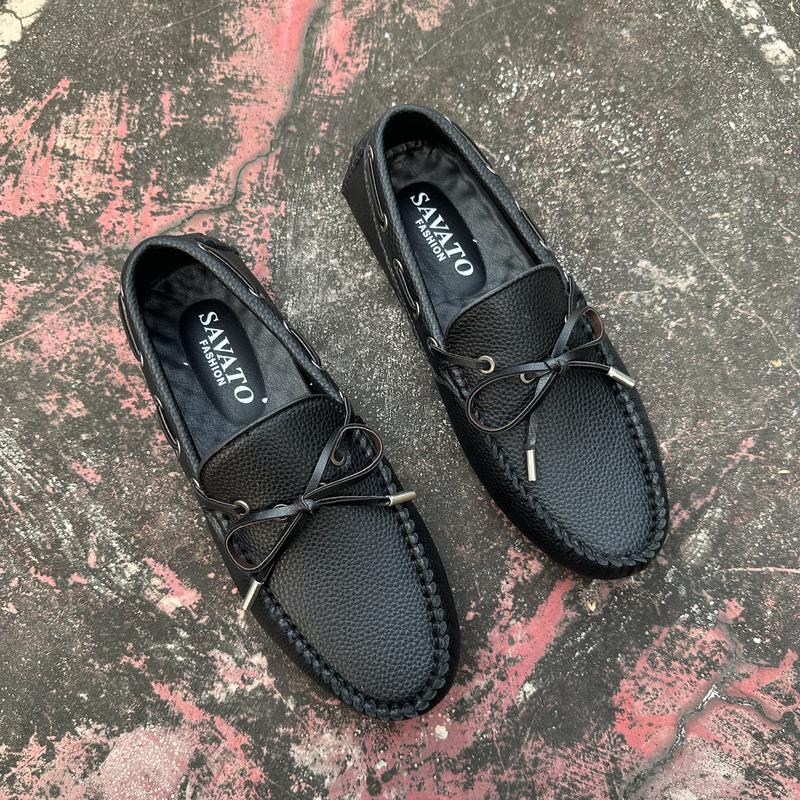 Giày mọi moca nam đế bằng phối thắt nơ - da xít chống nhăn, đế cao su chống trơn trượt