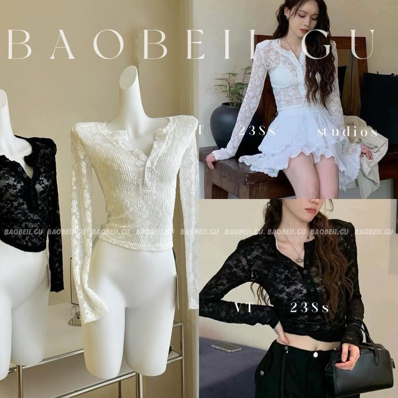 |BAOBEII.GU| Áo ren Kelly tay dài dáng ôm phối cúc keo lì - có bigsize