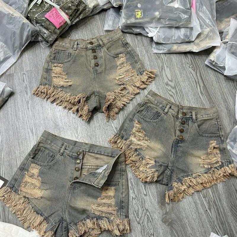  Quần sọt đùi nữ jean bò lai tua 4 nút lưng cao 