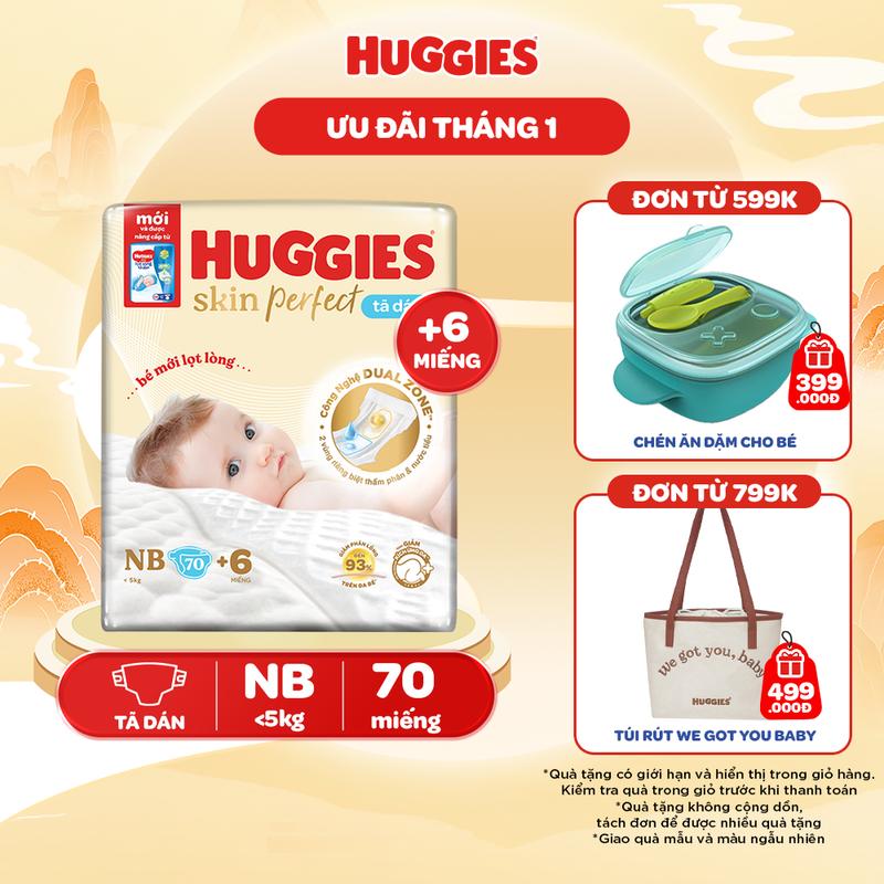 Tã/bỉm dán sơ sinh Huggies Skin Perfect với 2 vùng thấm giảm kích ứng da Size NB70+6/S54+6/S80+2/M76+3