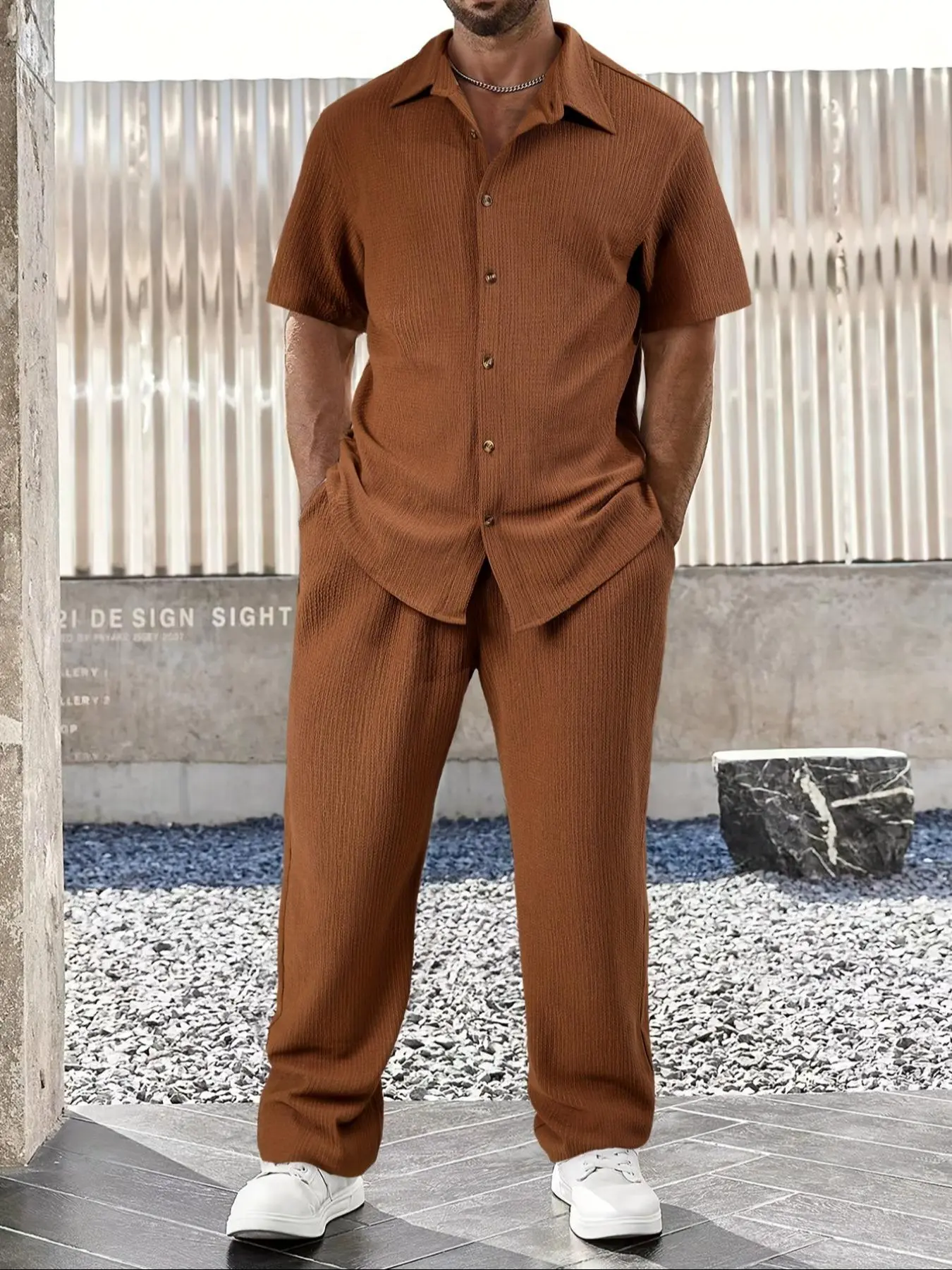 Two-Piece Set Men's Solid Textured Button Front Shirt & Drawstring Waist Pants, Regular Fit Casual Short Sleeve Collared Top & Pocket Straight Leg Trousers, Men's Spring & Fall Clothes