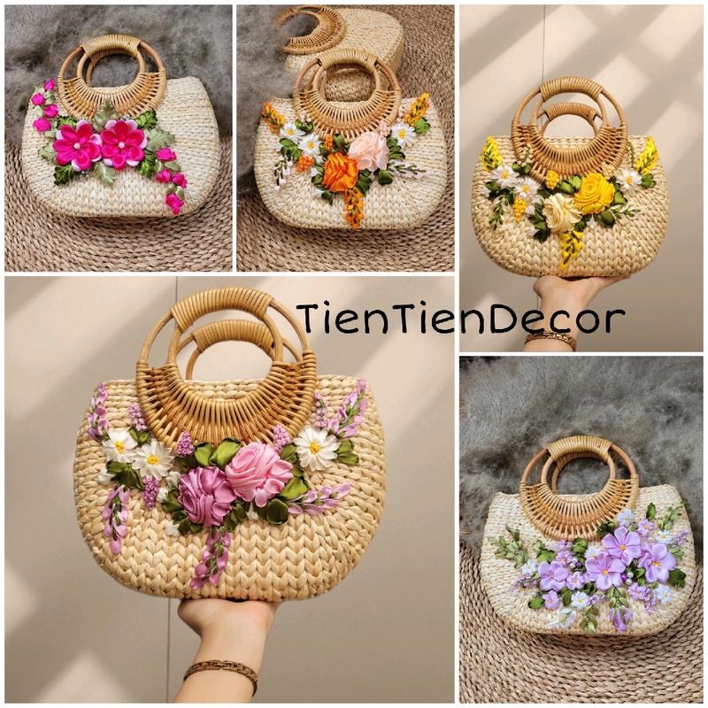  Túi cầm tay quai mây đan bằng cói lục bình có lót vải và khóa kéo size 29 cm cho nữ 
