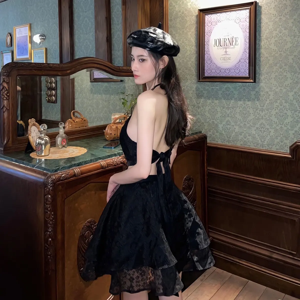 SI MÊ EM - ĐẦM REN ĐEN CỔ YẾM BUỘC NƠ TÙNG VÁY XOÈ - HÌNH SHOP CHỤP - ĐẦM VÁY THỜI TRANG NỮ Dress Women