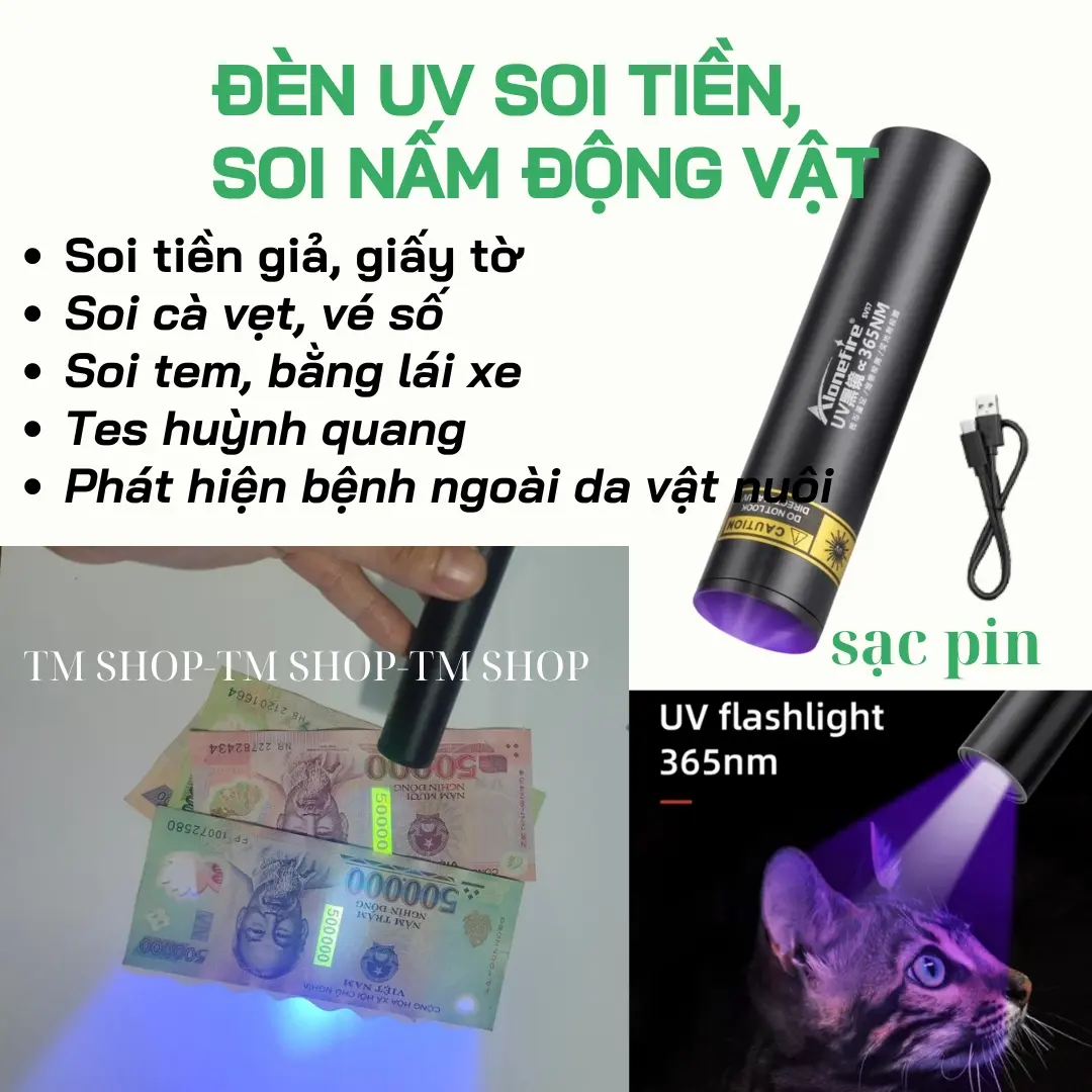 Đèn UV có sạc, đèn soi tiền giả, giấy tờ, vé số, test huỳnh quang, phát hiện bệnh ngoài da vật nuôi, soi dạ quang