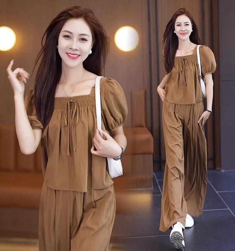 Product Introduction of [Ladies Fashion] plus Size Korean Style Fashion Square Collar Short Sleeve + Wide Leg Pants Casual Two-Piece Suit Women's 2024 Summer New Ins Design Sense 17