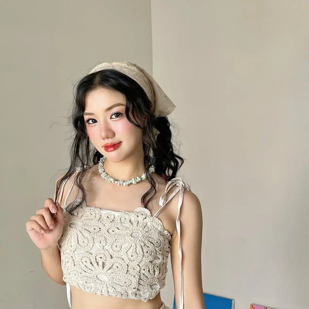 Khăn Tuban hoa nhí màu be