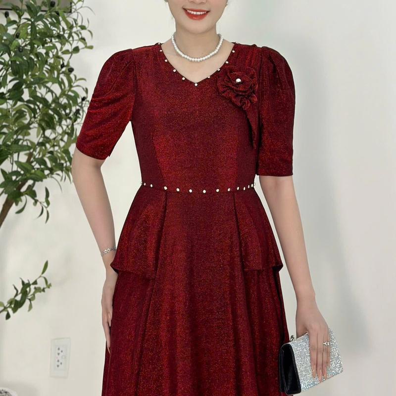 Đầm Trung Niên M672 Vải Nhủ co giãn đính đá DMC cho mẹ đi chơi dự tiệc Ôm gọn Thanh lịch Dress Váy Nữ Đỏ Women  Màu Trắng Thun Lệch Vai 7