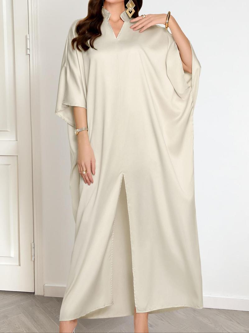 Product Introduction of Women's Plain Notched Neck Split Hem Long Dress, Elegant Fashion Casual Dress for Daily Outdoor Wear, Women Dress for Summer, Summer Dresses 2025 5