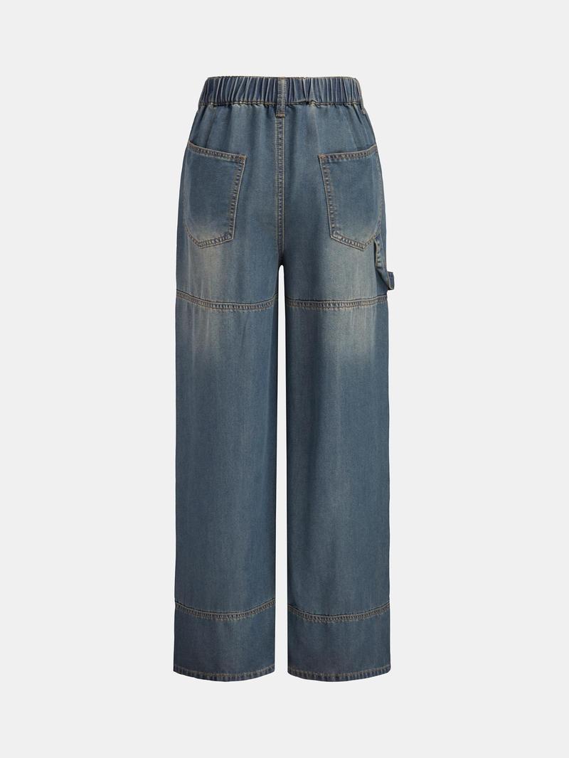 Product Introduction of YOZY Women's Plain Button Fly Elastic Waist Wide Leg Jeans, Casual Pocket Design Denim Trousers for Fall & Winter, Women's Bottoms for Daily Wear 13
