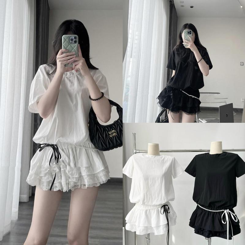 SET ÁO CỔ TRÒN PHỐI REN THẮT NƠ EO KÈM ĐAI NGỌC MIX CHÂN VÁY XÒE BUN222