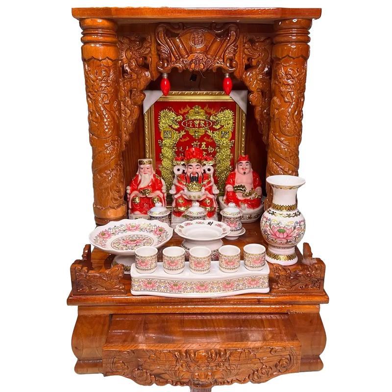 Trọn bộ combo thờ Thần Tài - Ông Địa - Thần Tiền ( bàn 48x68 cột rồng ) ( bao gồm tượng và tất cả các vật phẩm thờ cúng) Decor Decor Phòng