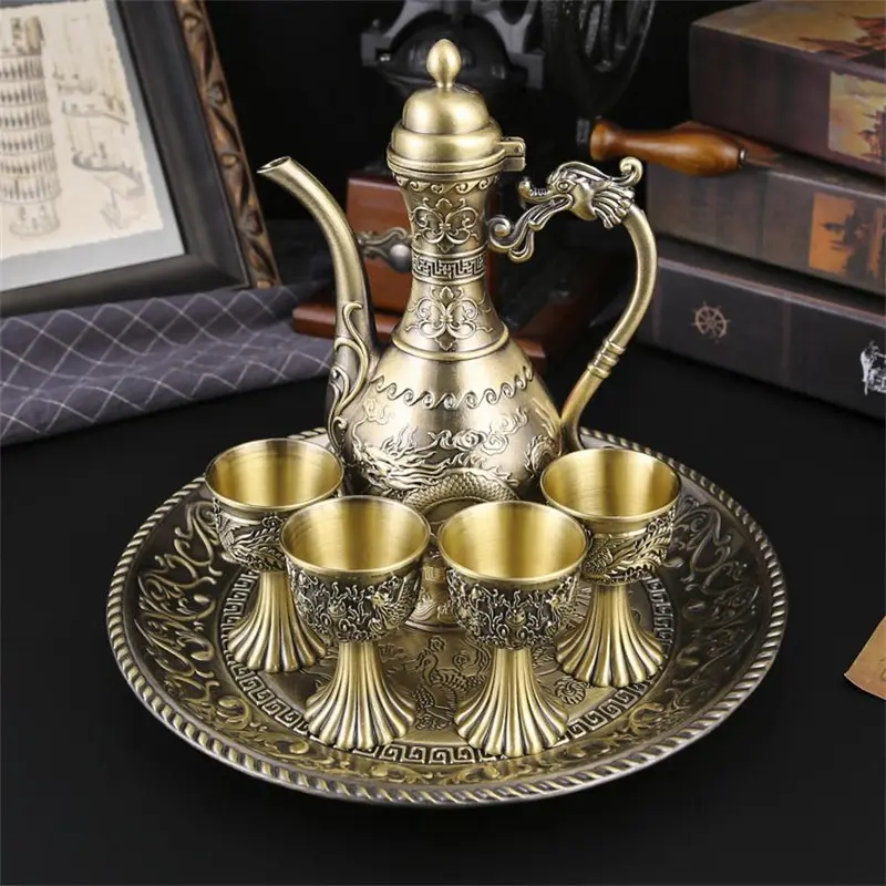 Vintage Metal Coffee Pot & Cup Set, 1 Set Including 4 Counts Coffee Cups & 1 Count Coffee Pot & 1 Count Tray, Creative Coffee Set for Home & Restaurant Decor 0