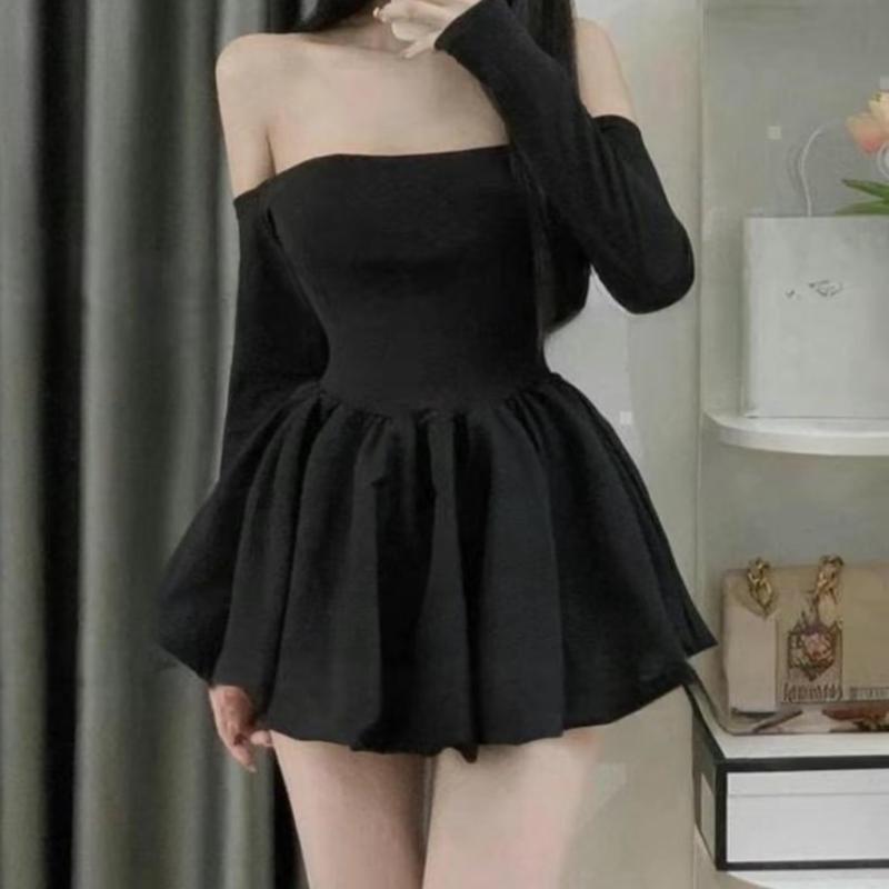 hở vai dài tay tùng bí có mút + quần trong Nữ Women đốm tóc đen đi tiệc Dress Màu Đen Voi Top Áo Nhung đầm body váy xinh