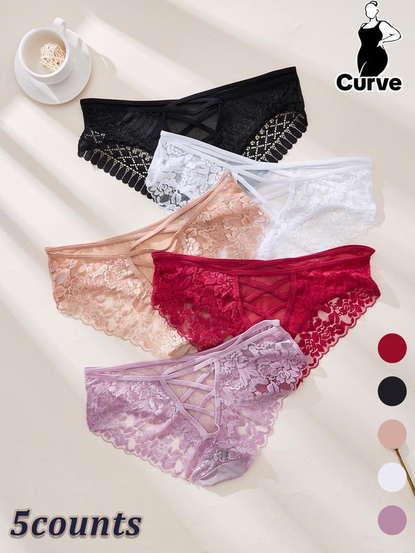 【Plus Size】  Floral Detail Contrast Mesh Lace Up Panty, Solid Color Sheer Fabric Knicker for All Seasons, Comfy Breathable Underwear for Women 7