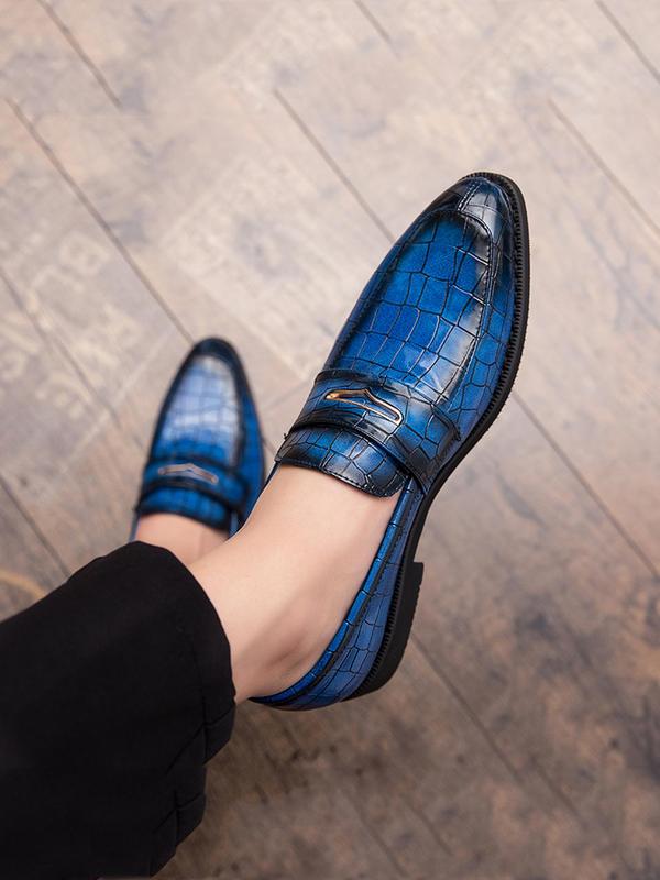 Men's Business Solid Color Crocodile Embossed Slip-on PU Leather Shoes, Fashionable Low Heel Dress Shoes For Work Office, Male Pointed Toe Shoes 3