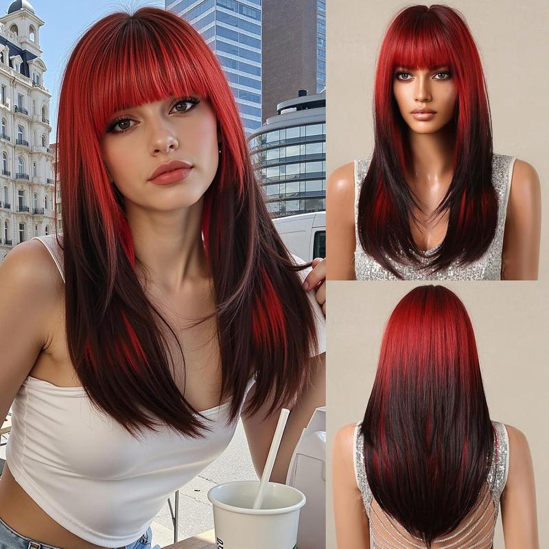 Local shipping-testar Long Ombre Pink Black Wigs For Black Women Straight Pink Brown Wigs With Thick Bangs Cosplay Wigs Colorful Wigs Synthetic Layered Hair Wigs For Daily Use 7